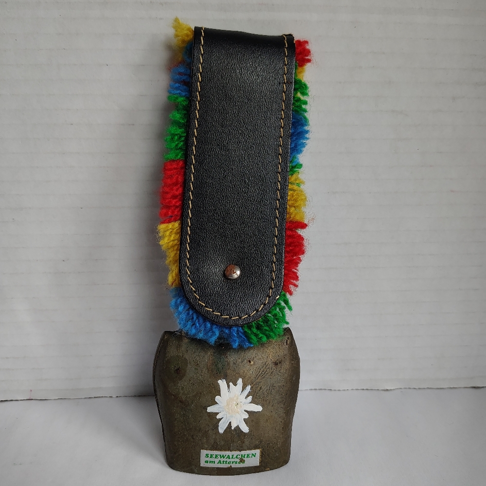 Brass Cow Bell Austria Seewalchen Am Atteesee  Flowers Fringed Leather Handle
